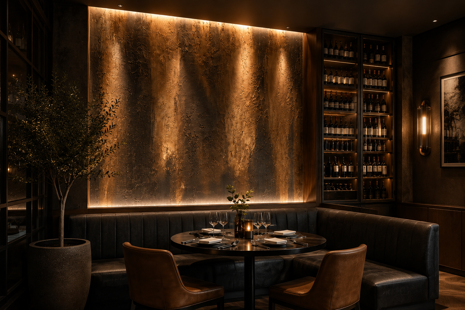 Warm bronze-lit concrete effect wall in a wine lounge seating area
